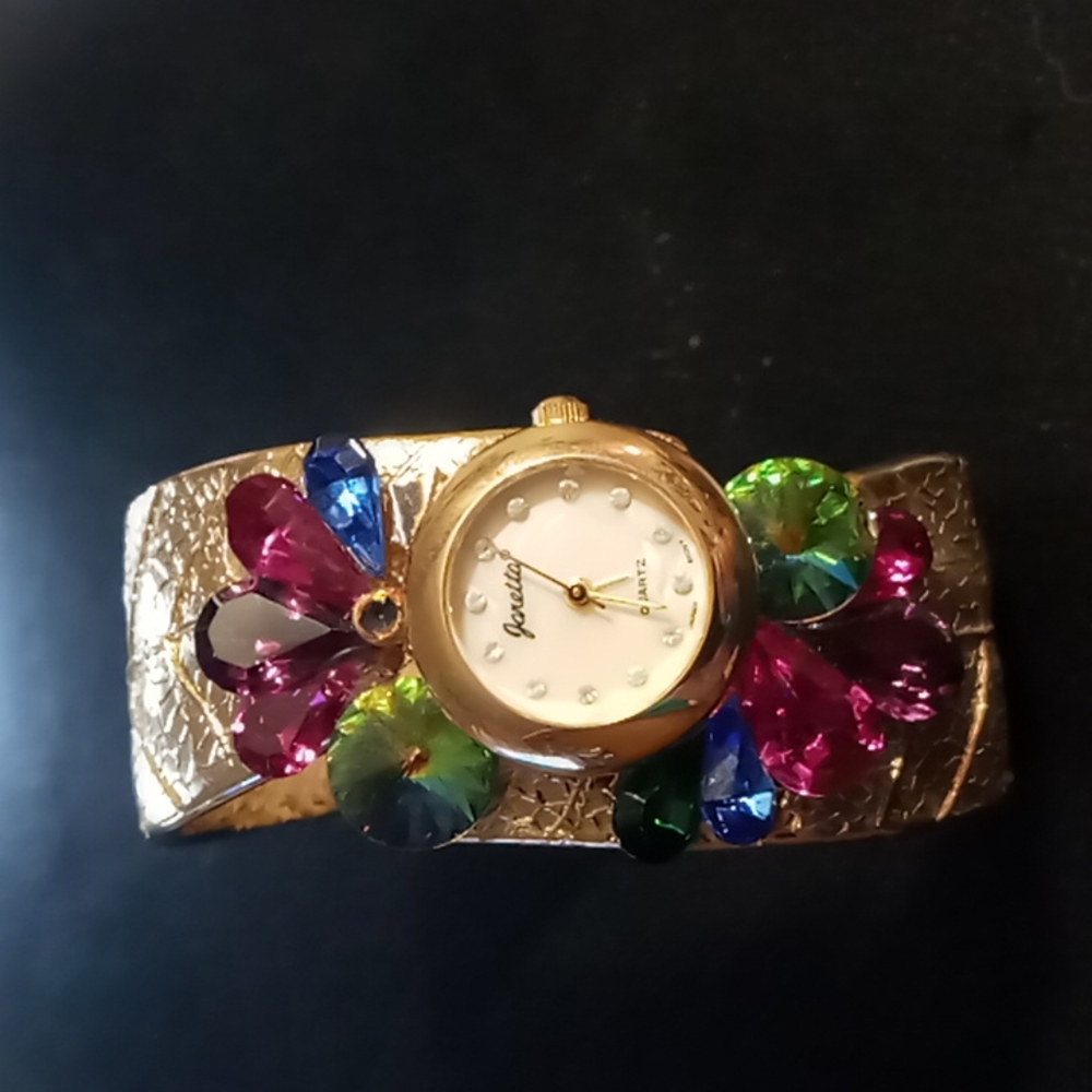 Wrist Watch Bangle, Bangle is a Golden Metal, 1 1/2"W, Clamper Type Bangle,